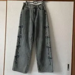 リボン装飾 グレー デニム ワイドレッグパンツS