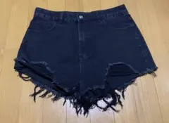 ハイウエスト ダメージ デニムショートパンツ ブラック フリンジ M