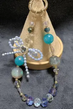 ハンドメイド 青系 ビーズ ストラップ