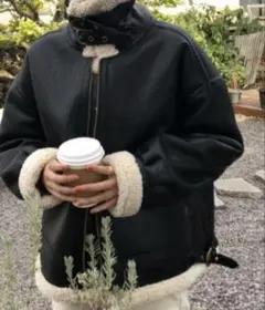 sorule ボア付ブラックレザージャケット フェイクムートンフライトジャケット