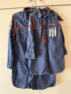 デニムダンガリー　親子セット　ブルー 長袖ワンピース ポケット付き