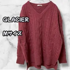 N0043　Vネックニット　ケーブル編み　サイドスリット　ワインレッド　Ｍのサムネイル