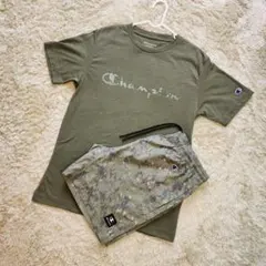 チャンピオン セットアップ Tシャツ ハーフパンツ 迷彩 カーキ 上下セット