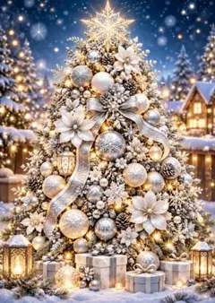 シルバー＆ホワイト クリスマスツリー アートポスター