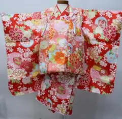 七五三 三歳 女児 被布着物フルセット 赤色×アプリコット お仕立て無料
