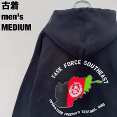 古着 Hanes ミリタリー バックプリント スウェットパーカー フーディ 黒M