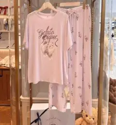 ジェラートピケ CAT柄ワンポイントTシャツ&ロングパンツ上下セット