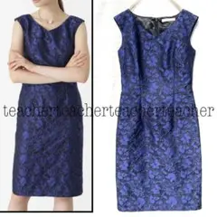 フラワー ジャガード ワンピース ネイビー ブルー 黒 Vネック タイト 上質