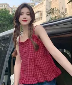 ギンガムチェック フリルトリム ベビードール キャミトップ