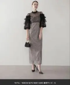 【Leja】フリルチュールスパンコールフローラルIラインワンピースドレス