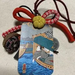 ◆手作り【百人一首バッグチャーム】浮世絵.春信　寛永通宝　菩提樹　梅花　古布