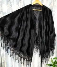 韓国製✨豪華ベロアケープ✨フェイクファー黒 レース フリンジ エレガント マント