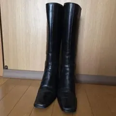 卑弥呼　ブラックレザー ロングブーツ 中ヒール