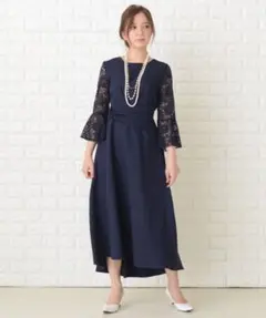 Lace Ladies レース袖ロング丈ワンピース・ドレス　ネイビー