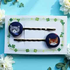 ハンドメイド 猫顔 くるみボタンのヘアピン E ネコ キャット