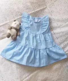 ハンドメイド　ティアードワンピース　水色　水玉