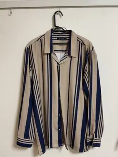 nano universe ストライプデザイン 長袖シャツ ベージュ ネイビー