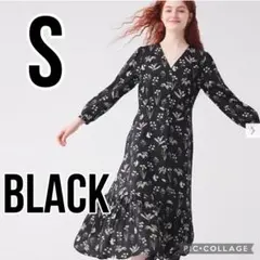 プリントVネックフレアワンピース（7分袖・標準丈・117.5cm）S・BLACK