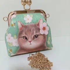 猫好きさんに♡ 花のねこ がま口ミニバッグ ハンドメイド・ゴールド口金