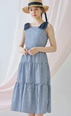 肩りぼん付きギンガムチェックノースリーブティアードワンピース　ネイビー