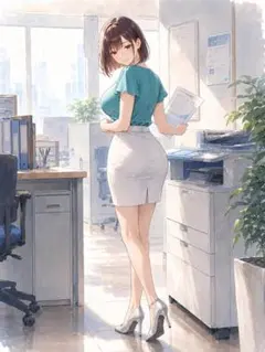 c1612_水彩風 オフィスで働く女性 タイトスカート アートポスター インテリ