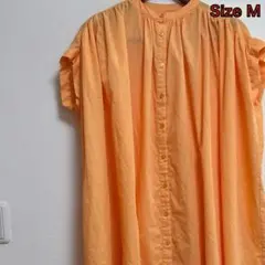 ノースリーブロングシャツワンピース オレンジ バンドカラー ドルマンワンピース