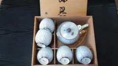 新品★有田焼　青いストライプ模様の茶器セット