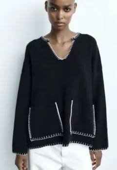 ZARA トップステッチ　ニットセーター ネイビーブルー Sサイズ