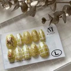 イエローチェック× rose(ネイルチップ現品)