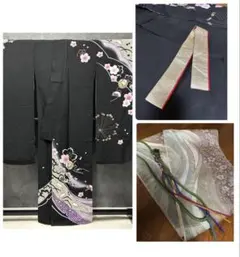 黒留袖　着物　振袖　帯　セット　黒色　金糸　桜　兎　毱つげのサムネイル