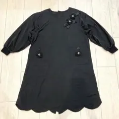 花刺繍　ブラック　長袖　エプロン　スモック　割烹着