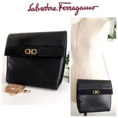 良品 フェラガモ 2way チェーン レザー バッグ 鞄 紺 レディース メンズ