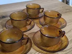 昭和レトロ アンバーガラス カップ＆ソーサー 5客セット 琥珀色 ヴィンテージ