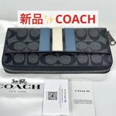 新品✨ COACH 長財布 シグネチャー ストライプ ユニセックス コーチ 青白のサムネイル