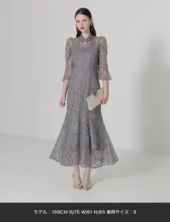 Leja スパンコール花柄パフスリーブマーメイドワンピースドレス結婚式