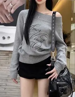 最終値下げ SHEINオフショルダー グレー ニット Tシャツ