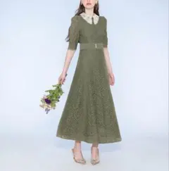 Leja レースビッグカラー花柄刺繍ウエストマークロングフレアドレスワンピース