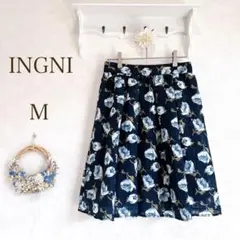 INGNI スカート ネイビー　花柄　水色フレアスカート 紺色　M 上品　膝丈のサムネイル