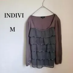 インディヴィ フリル スパンコール カットソー 長袖 ブラウン M ウール混のサムネイル