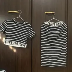お値下げ！　ボーダーTシャツとロングタイトスカート　セットアップ　130のサムネイル