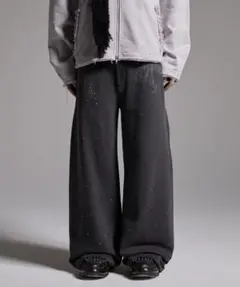 GRANCY】ラインストーンデザイン ダメージ スウェットパンツ ブラック