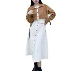配色 ケープ シャツロングワンピース 布ベルト付き 韓国ワンピース