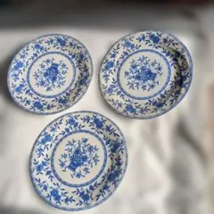 青い花柄の円形皿 3枚セット