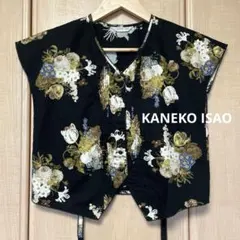 【極美品】カネコイサオ フレンチスリーブ ブラウス 黒 花柄 ピンタックのサムネイル