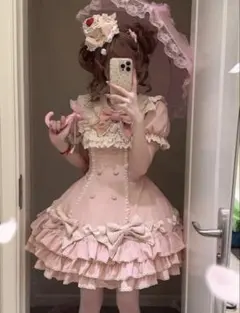 姫ロリ ロリータ ピンクフリル リボン ブラウス ワンピース