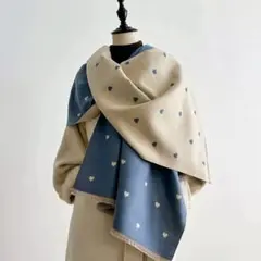 大判ストール カシミヤ調 ハート柄 くすみブルー キュート ショール 膝掛け