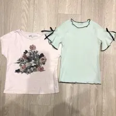 ◆Bee des Bee◆ミント色リブTシャツ袖リボン100＋おまけのユニクロTのサムネイル