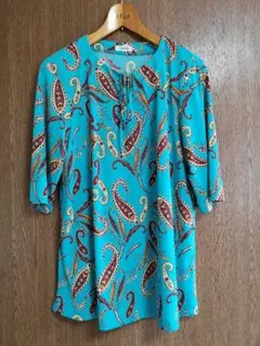 ペイズリー柄 半袖ブラウス ターコイズブル－美品TABASAのサムネイル