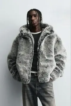 【新品未使用】ZARA フェイクファーフード付きジャケット L グレーグリーン