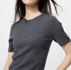 【新品】ユニクロ　3Dメリノリブ　クルーネックセーター　5分袖　グレー　Lサイズ